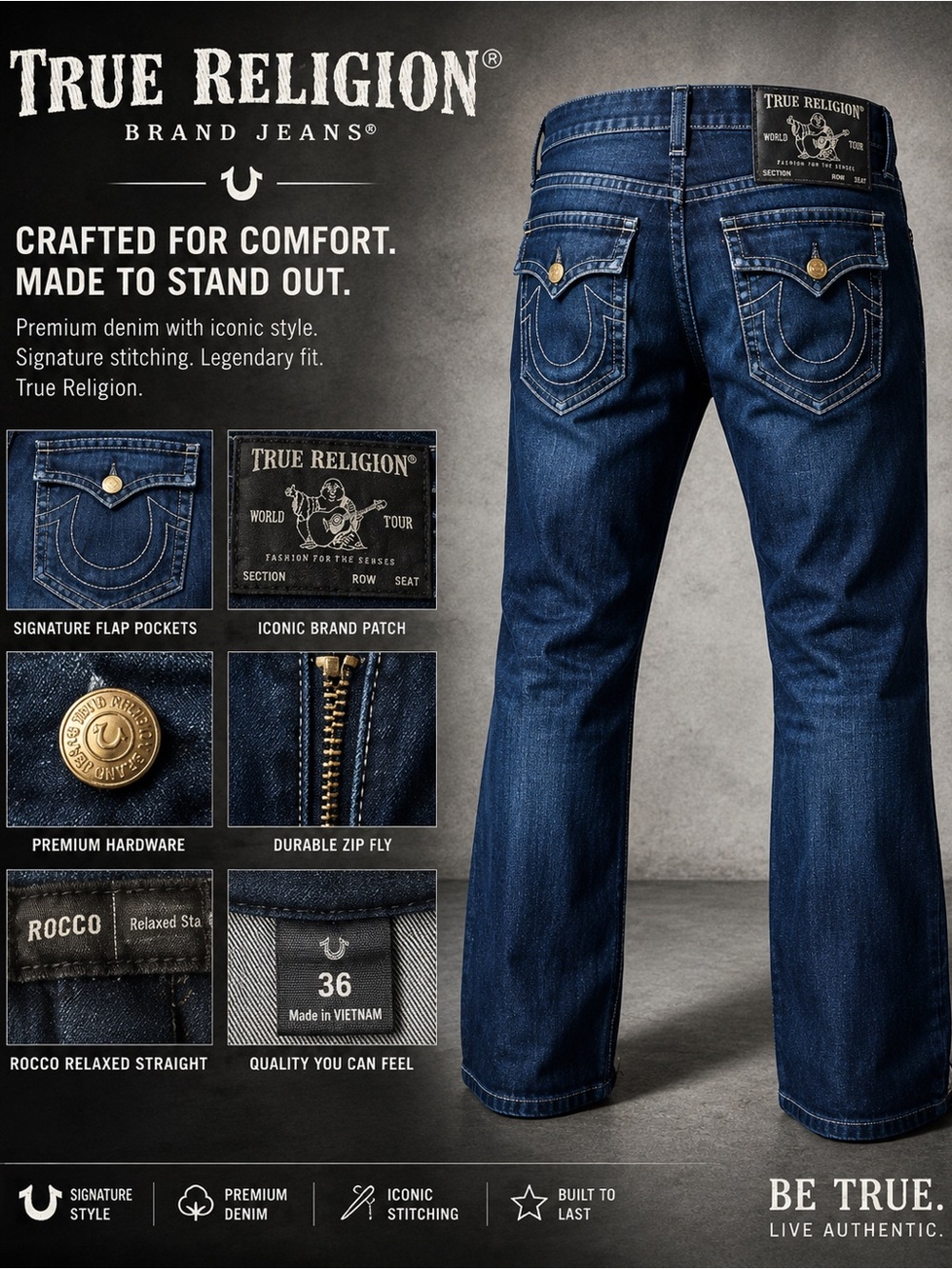 TRUE RELIGION ROCCO Relaxed Straight Jeans – Size 36